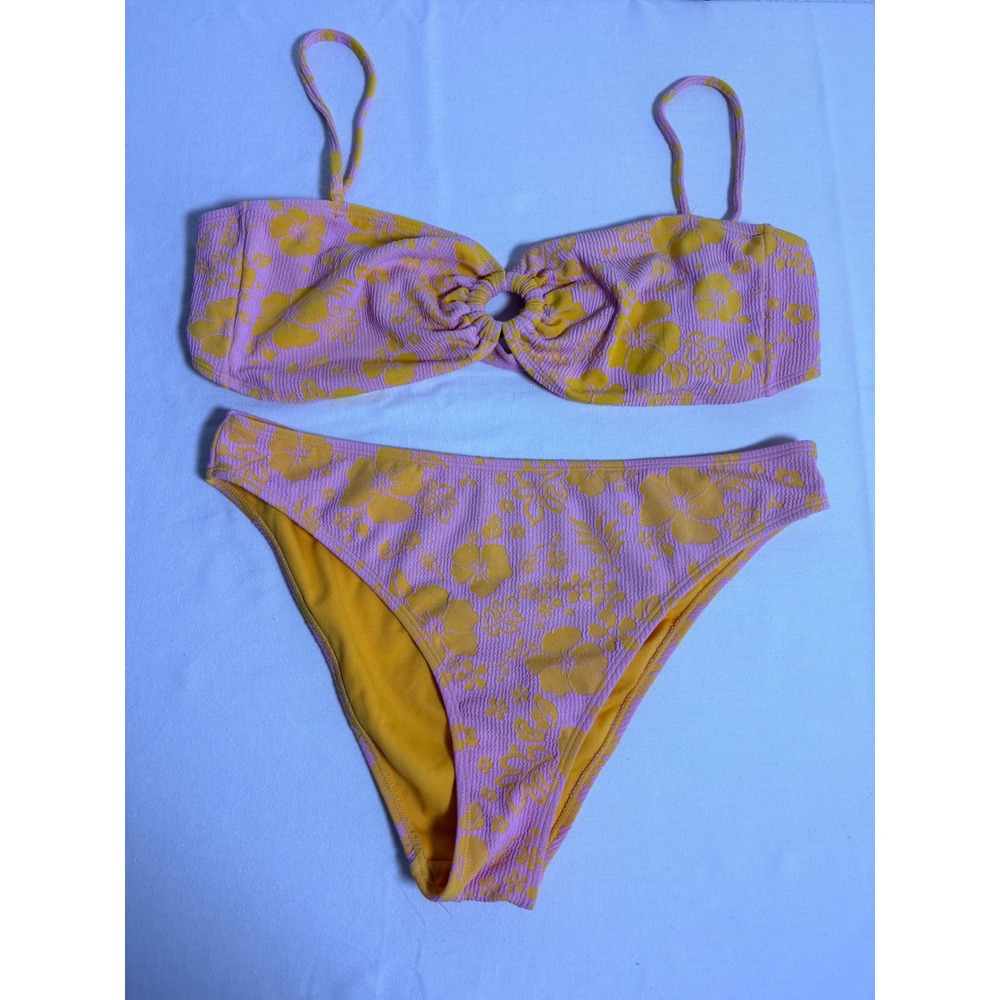 Cabana del‎ Sol Bikini Set XL Pink Orange Floral O-Ring Crinkle 12221-W056F